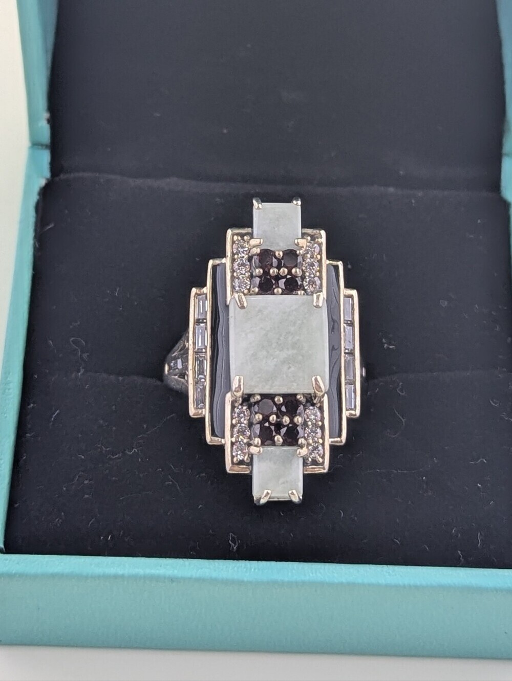 ✨ Vintage 925 Sterling Silver Jadeite Onyx Garnet Filigree Ring ✨